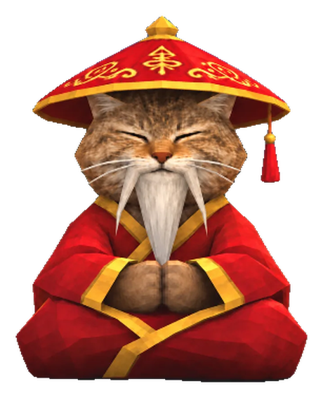 Monk Cat, a bearded cat in a red robe and red conical hat, sitting with eyes closed and paws pressed together