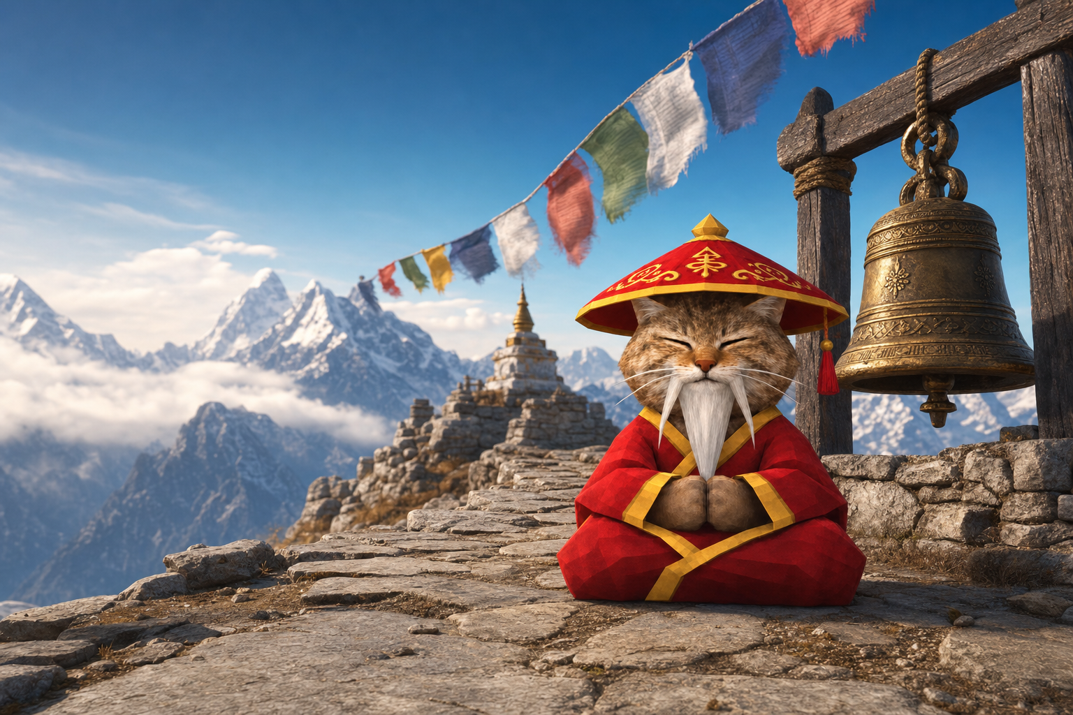 Monk Cat meditating on a stone mountain path beside a bronze bell under prayer flags, snowy peaks behind